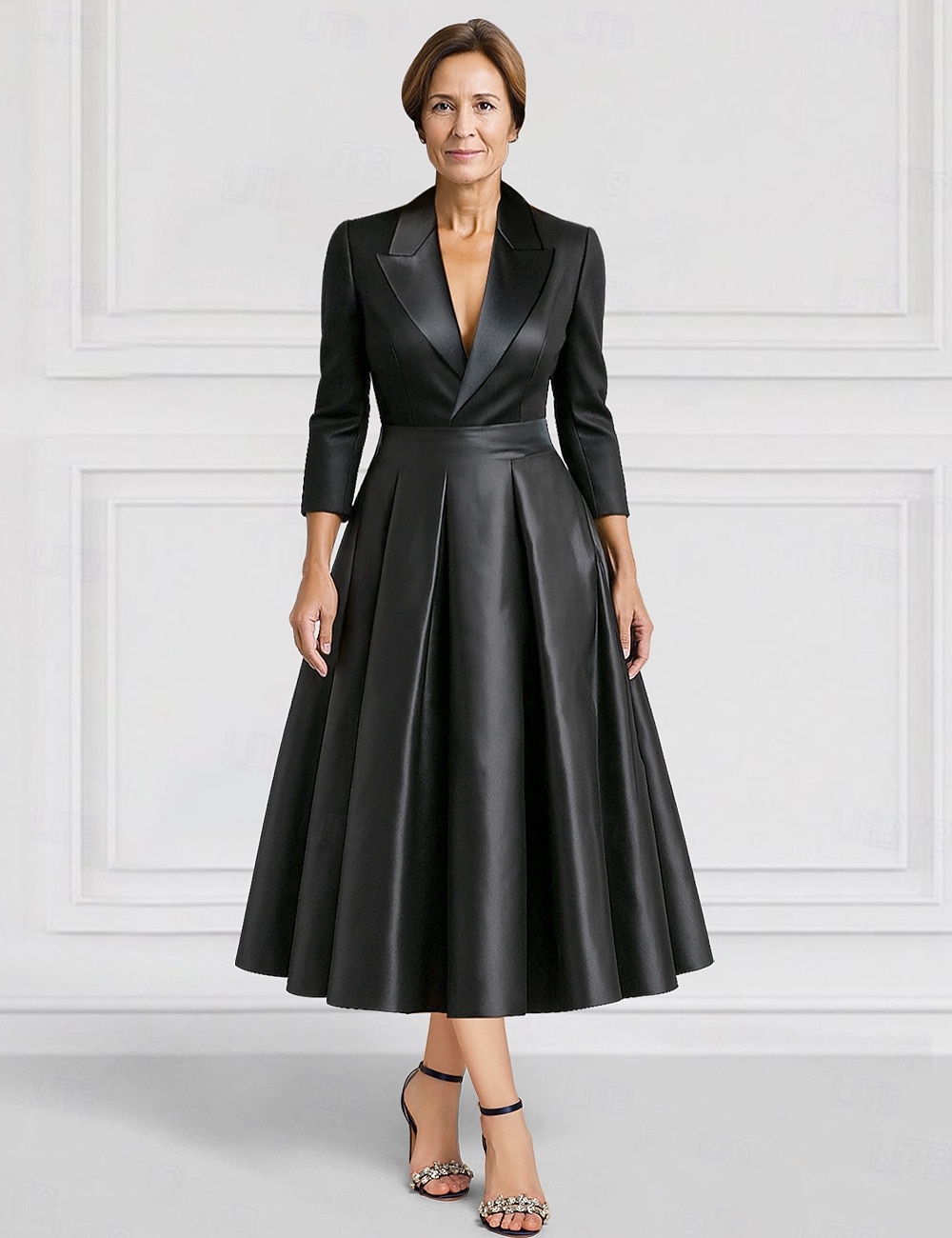 Women's Tuxedo Dress A-Line Formal Wedding Guest Satin Silk Elegant Vintage Long Sleeve Tea Length Peak Lapel 2026 - $159.99 –P2
