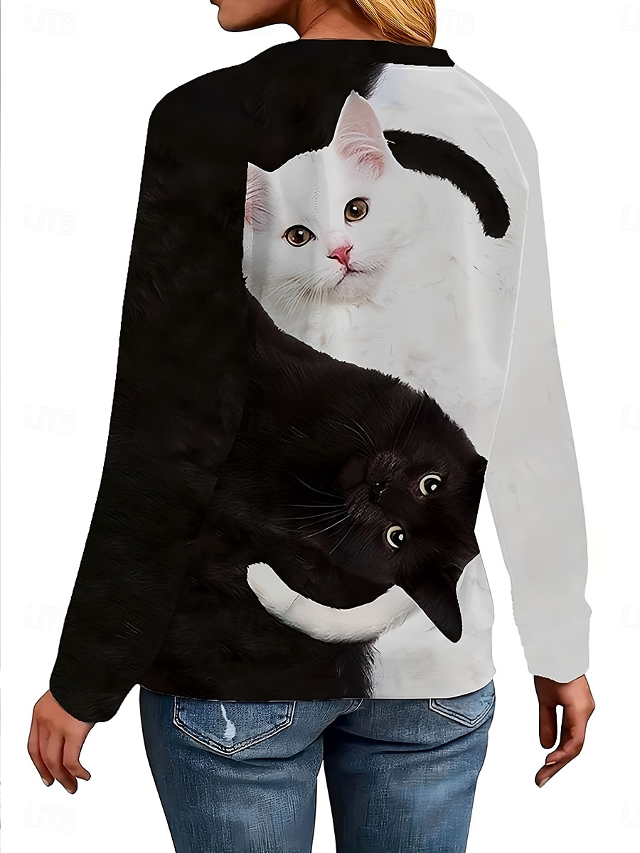 Tricou de damă cu mânecă lungă grafică animal pisică vintage elegant clasic guler rotund bluze obișnuite imprimeu zilnic alb și negru primăvară toamnă pretoamnă 2026 - $24.99 –P2