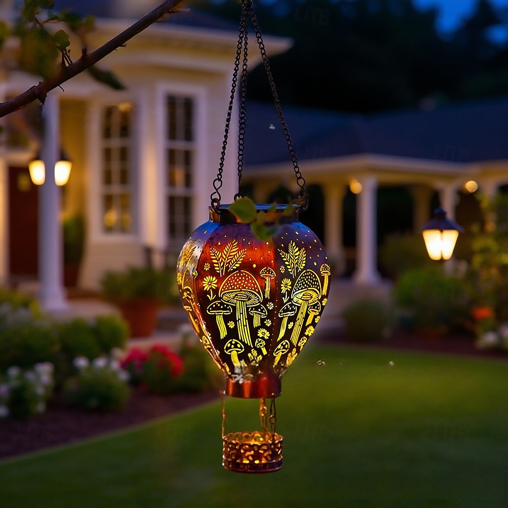 1 pz 45cm luce solare da esterno a sospensione a forma di mongolfiera, luce di proiezione in ferro cavo, colibrì, fungo, cortile, giardino, terrazza, balcone, lanterna decorativa, luce da paesaggio del 2025 a $21.99 –P6