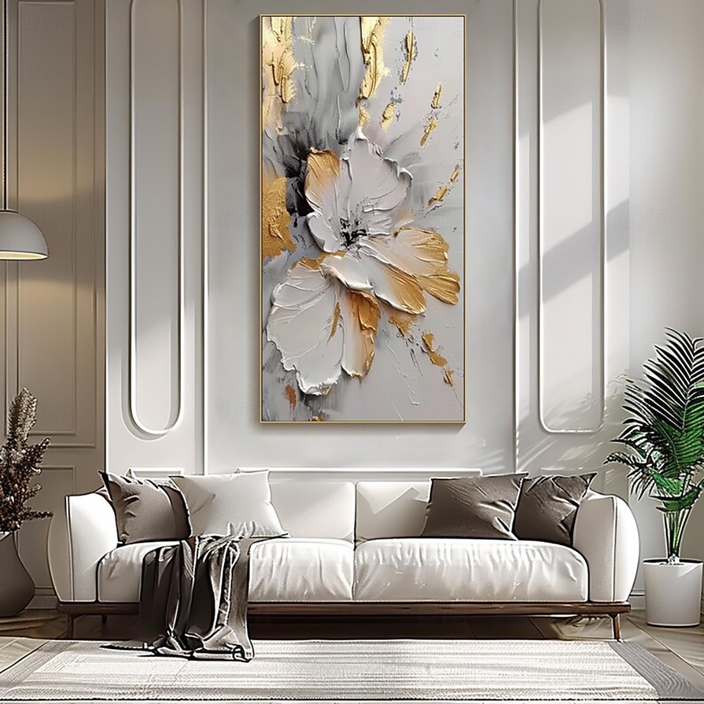 Pintura a óleo de flores douradas sobre tela, arte de parede feita à mão, pintura floral branca abstrata, decoração de sala de estar, decoração de casa, pintura enrolada, sem moldura, sem esticar de 2025 por €37.65 –P8