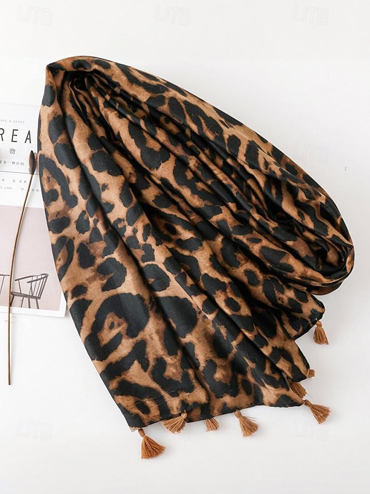 Bufanda con borlas y estampado de leopardo para mujer: chal extragrande, suave y ligero con flecos, estilo bohemio chic para otoño/invierno, atuendos casuales, oficina, viajes y regalos. 2025 - $14.99 –P5