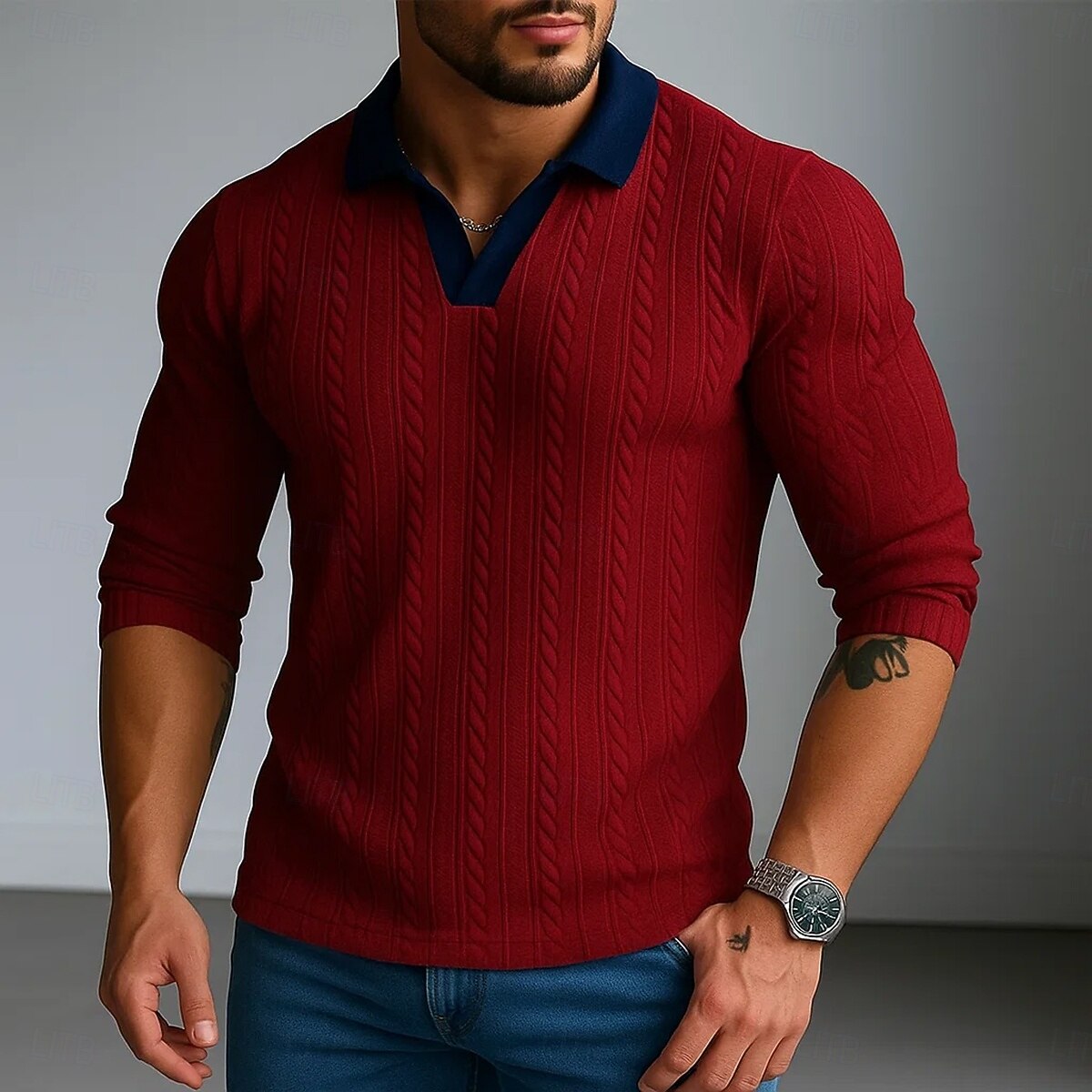 Herren Poloshirts Rippenstrick-Top Geschäft Lässig V Ausschnitt Möwenhalsband Langarm Mode Basic Einfarbig Textur Stricken Herbst Winter Ganzjahres Normale Passform Weiß Burgunderrot Marineblau 2025 - $26.99 –P5