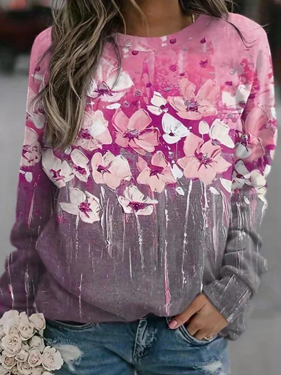 Dame Gensere Blomstret Grafisk Fritid Langermet Crew-hals Vanlige topper Gate Avslappet Ferie Trykt mønster Gul Rosa Lilla Vår Høst Vinter 2025 - $26.99 –P1