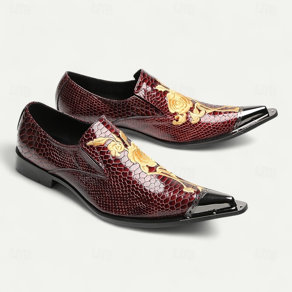 Men's Burgundy Crocodile Pattern Leather Dress Shoes, Luxury Pointed Toe Loafers with Floral Embroidery for Weddings, Parties and Formal Occasions 2026 - AU $159.99 –P6