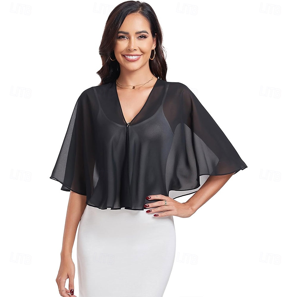 scialli e mantelle trasparenti per feste serali formali, mantelle in chiffon con scollo a V per donne, scialle per invitati a matrimoni del 2025 a $39.99 –P12
