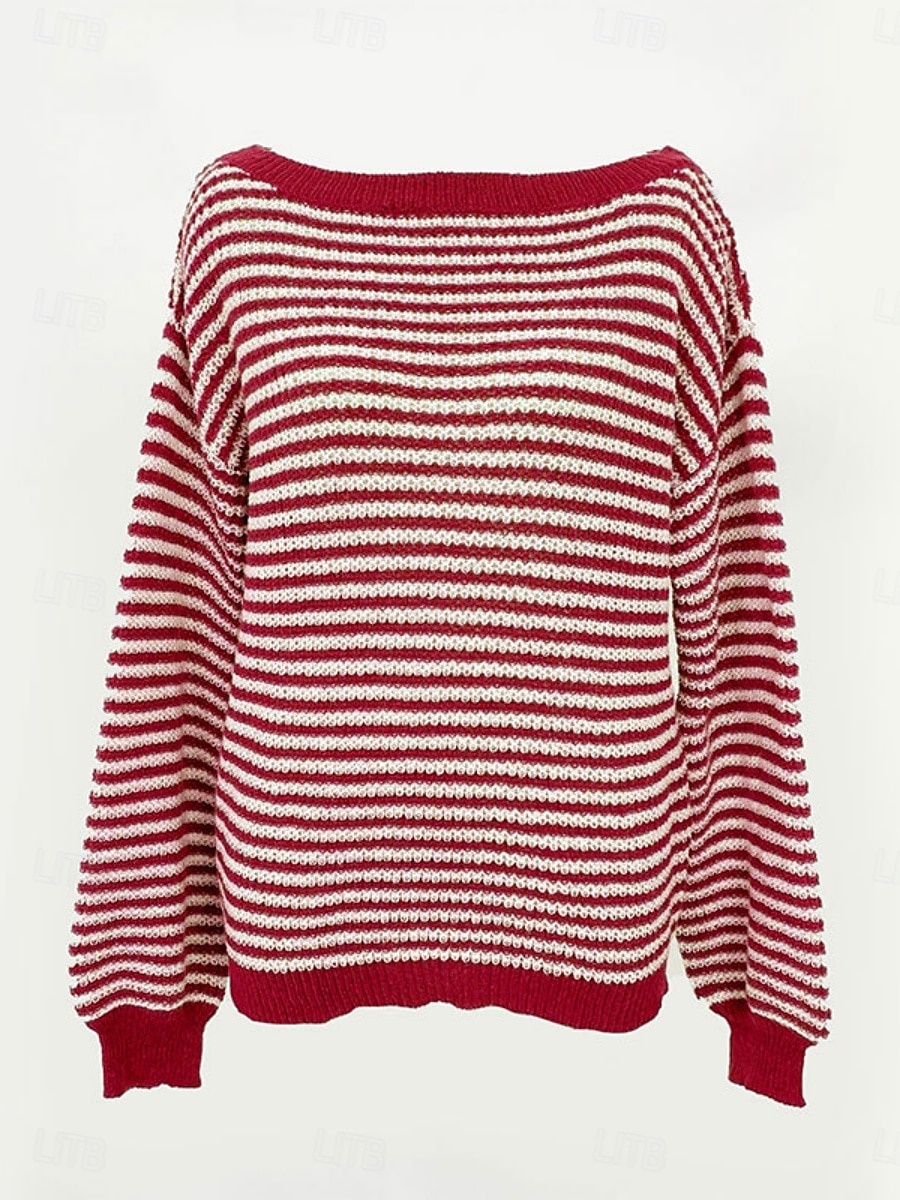 Damen Pullover Lässig Weich Gestreift Gerippt U-Boot-Ausschnitt Gestrickt Langarm Normale Oberteile Stricken Outdoor Täglich Wochenende Schwarz Rote Herbst Winter 2025 - $28.99 –P10