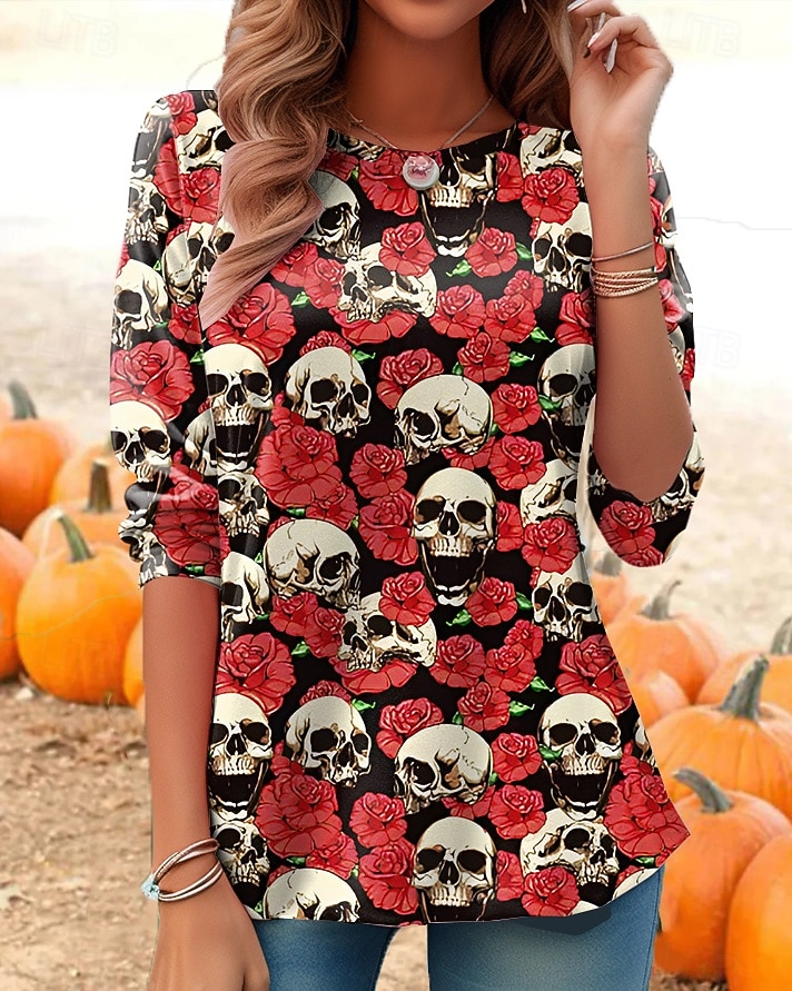 Koszulka Damska Czaszki Grafika Dynia Vintage Stylowa Klasyczna Długi Rękaw Okrągły Dekolt Regularne Bluzki Codzienny Druk Czarny Czerwony Jasnobrązowy Pomarańczowy Jasnoszary Jesień Zima 2025 - $22.99 –P4