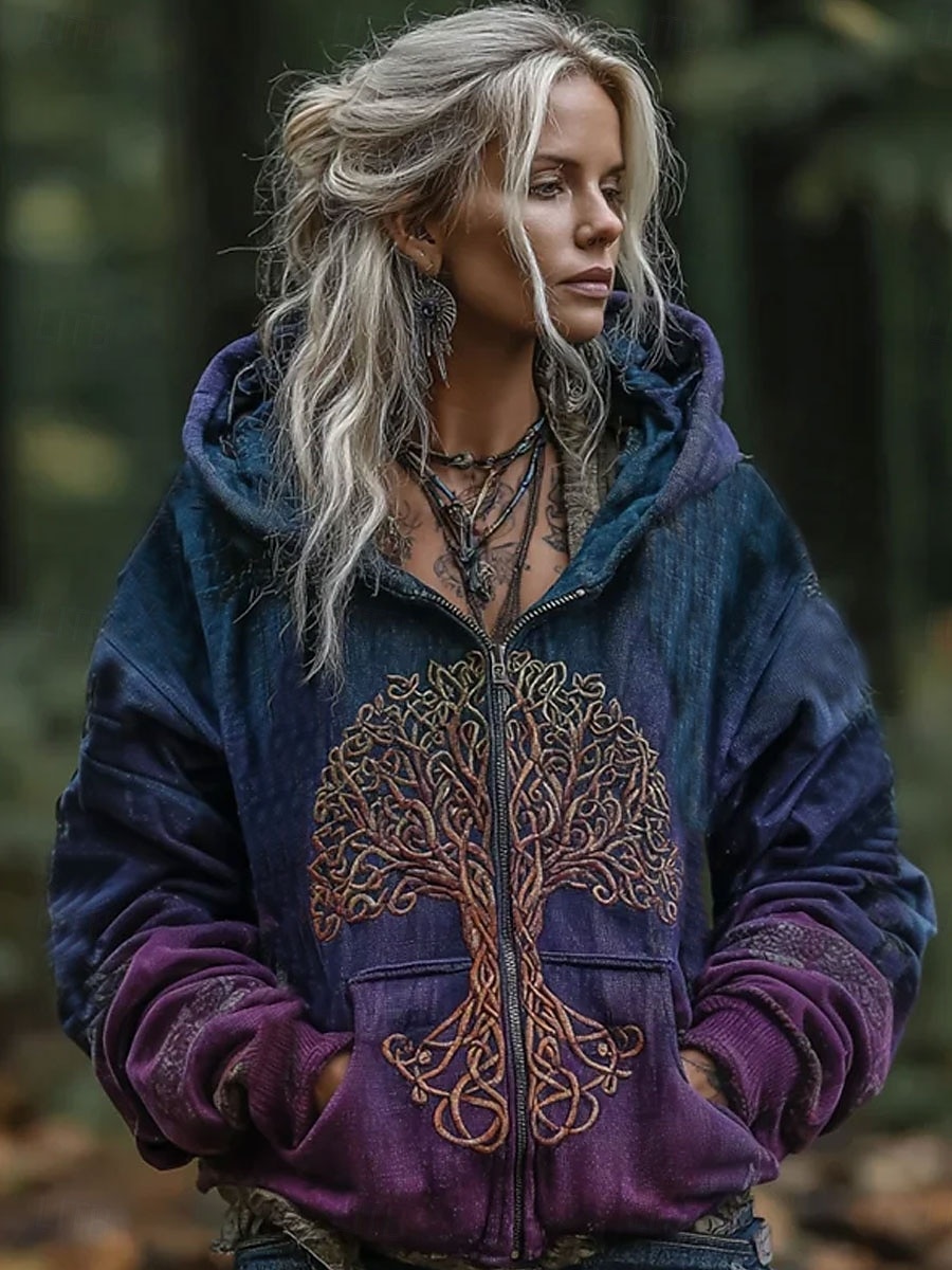 Sudadera con capucha boho vintage de impresión 3D para mujer sudadera con parches florales cierre de cremallera gráfica tribal moda casual de manga larga con capucha tops regulares uso diario bolsa 2026 - $39.99 –P1