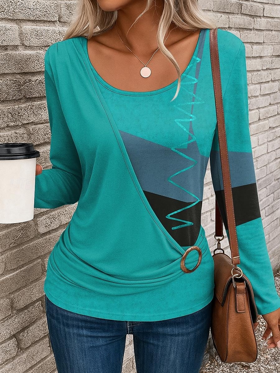 Femmes T-shirt Graphique Géométrique ancien Élégant Occasionnel manche longue Col ras du cou Hauts Réguliers Quotidien Patchwork Imprimé Jaune Rouge Bleu Bleu Poudré Violet Automne Hiver de 2025 ? $24.99 –P7