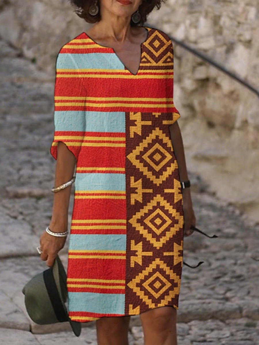 Femmes Robe Midi Robe Décontractée Robe Imprimée ancien Quotidien Plage Week-end Coupe régulière Géométrique Manche 3/4 Col ras du cou Bleu Violet Fuchsia Orange Été Printemps Automne de 2025 ? $21.99 –P1