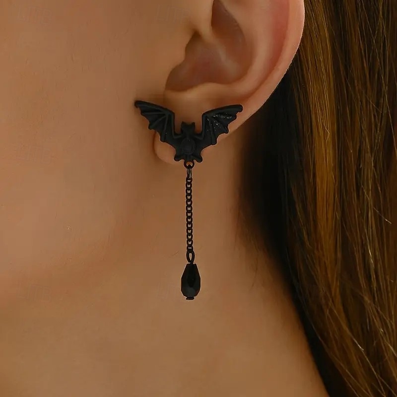 Halloween Gothic Bat Tassel Pendant Earrings, Dark Punk Style Zinc Alloy and Stainless Steel Studs with Plastic Details, Halloween Party Costume Jewelry 2026 - $11.99 –P4