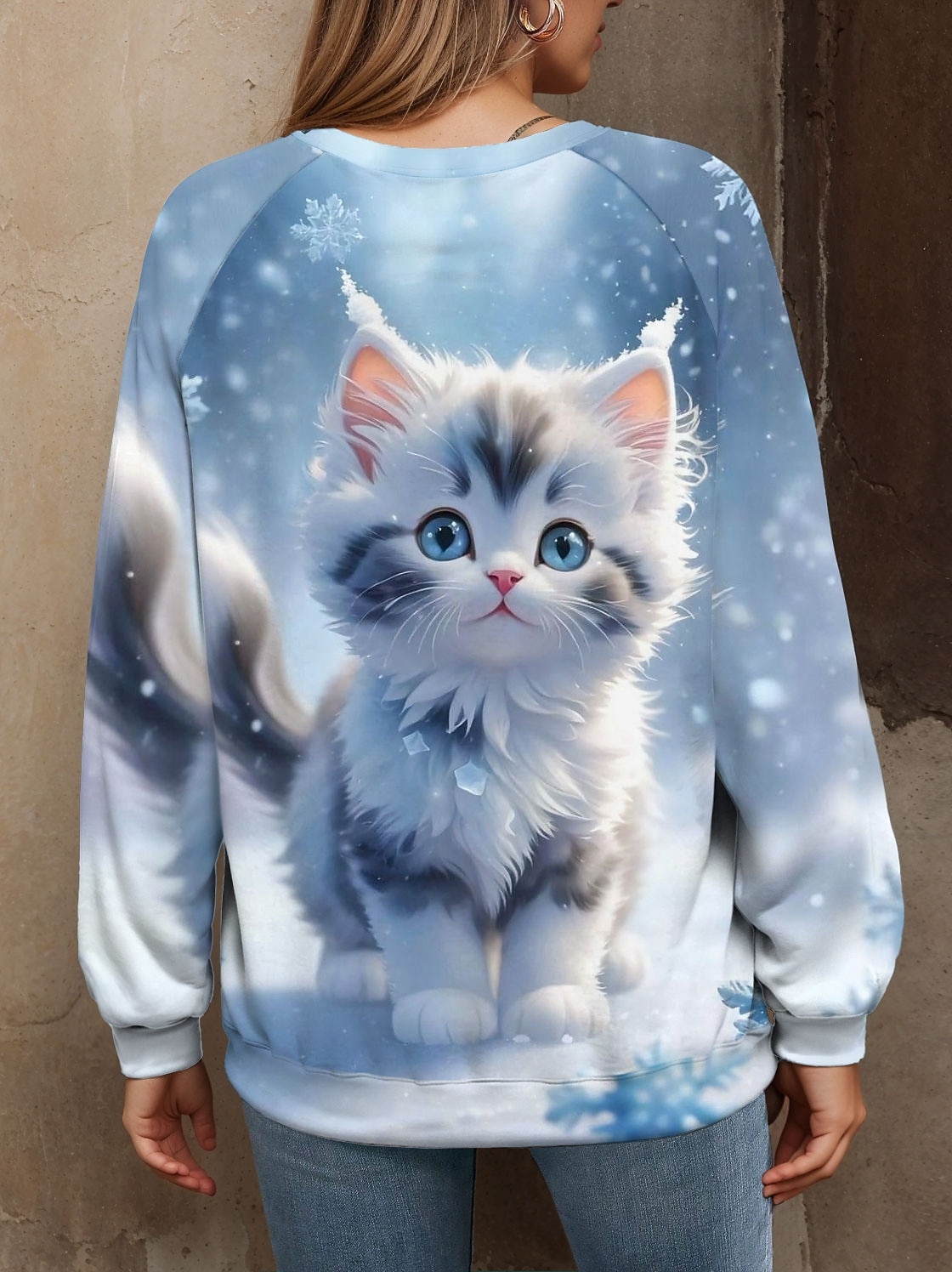 Dame Pullover Grafisk Katt Fritid Langermet Crew-hals Vanlige topper Avslappet Blå Lilla Kakifarget Grå Høst Vinter 2025 - $25.99 –P2