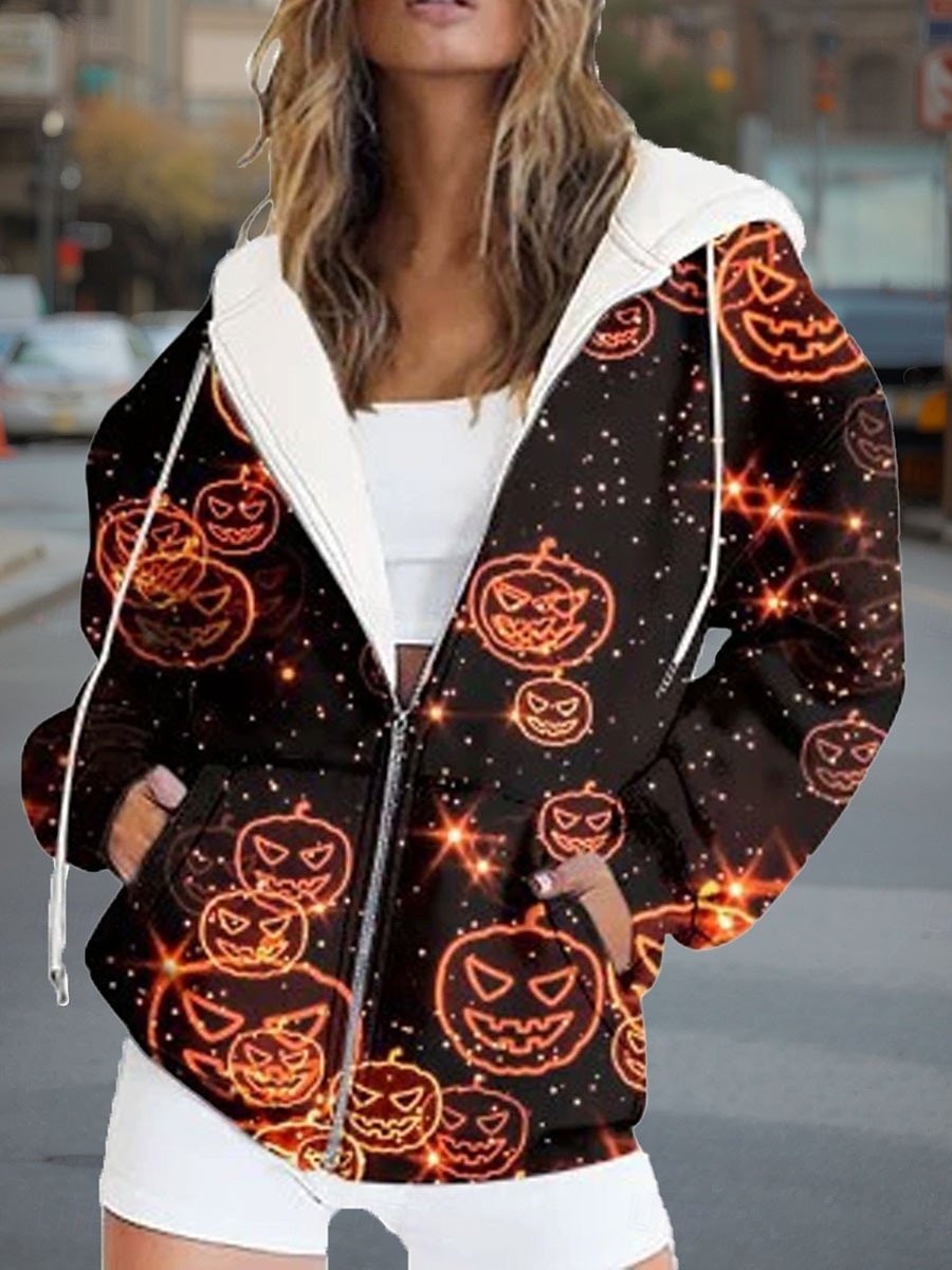 Moletons femininos com zíper para Halloween, estampa de abóbora, moda casual, manga comprida, com capuz, blusas regulares, moda urbana, uso diário, bolso com zíper, estampa, preto, amarelo, laranja, de 2025 por $26.99 –P2