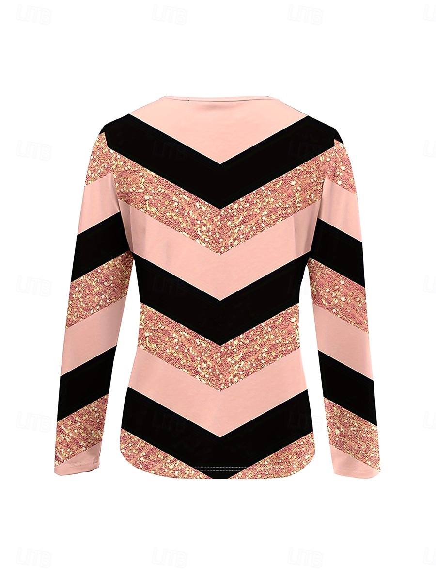 Damskie Podkoszulek Graficzny Geometryczny Prążki Elegancja Zabytkowe Elegancki Długi rękaw Okrągły dekolt Karbowana szyja Zwykłe topy Codzienny Weekend Zamek Nadruk Rumiany róż Wiosna Jesień Zima 2025 - $23.99 –P3