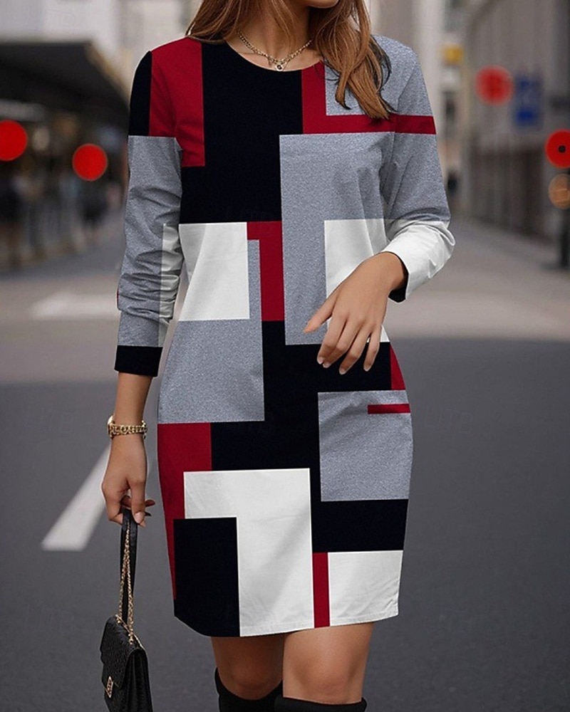 Femmes Mini Robe Robe Décontractée Robe Imprimée Mode Moderne Quotidien Date Week-end Coupe régulière Géométrique Bloc de Couleur manche longue Col en V Rose Claire Rouge Gris Printemps Automne de 2025 ? $21.99 –P3