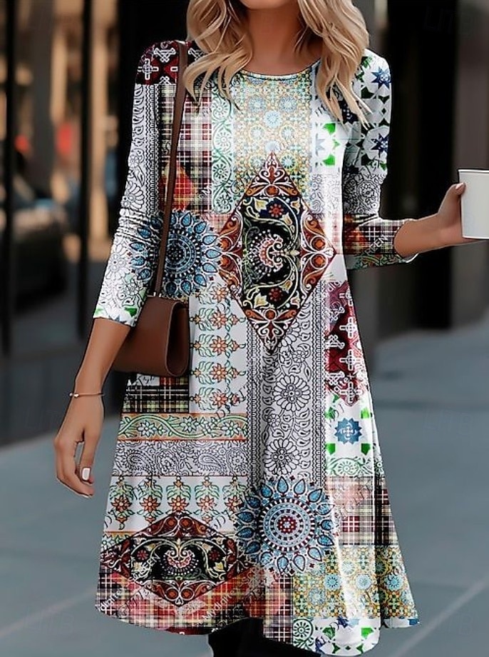 Naisten Midimekko Kotelomekko Tpaitamekko A linjainen mekko Urheilullinen mekko Loma Vapaa-aika Boheemi Päivittäin Normaali Kukka Kuvitettu Geometrinen Pitkähihainen Tiukka pyöreä kaula-aukko Vaalean 2025 - $29.99 –P3