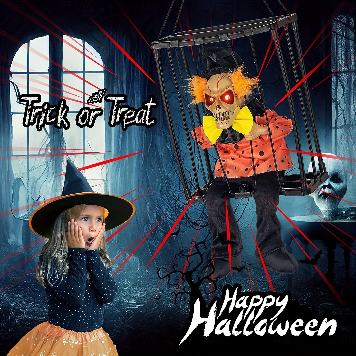 Decorazione animata di Halloween, 1 pezzo di clown urlante attivato dal sensore di movimento in gabbia con occhi luminosi, spettrale oggetto di scena fantasma prigioniero per decorazioni da del 2025 a $24.99 –P4