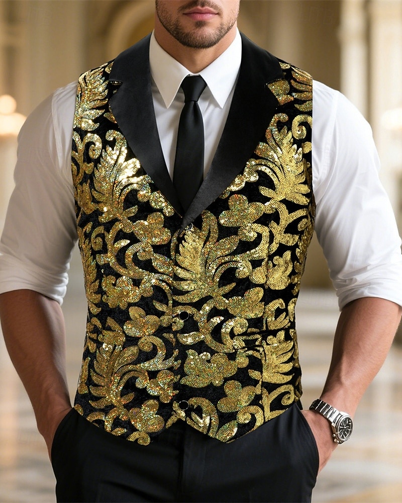 Herren Weste Gilet Urlaub Party Geschäft Mode Lässig Frühling Herbst Tasche Knöpfe Pailletten Polyester Bequem Beflockung Einreihig Ein-Knopf Steigendes Revers Normale Passform Gold Weste 2025 - $38.99 –P1