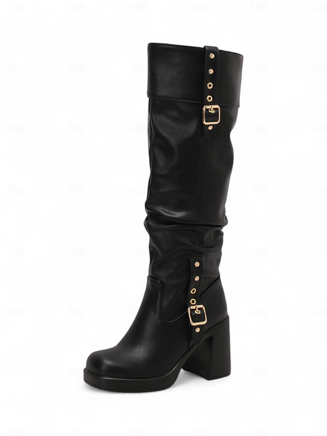 Bottes hautes en similicuir noir pour femme avec brides à boucle et talons carrés - Bottes tendance automne-hiver pour un usage quotidien, un style urbain et des tenues décontractées de 2025 ? $69.99 –P5