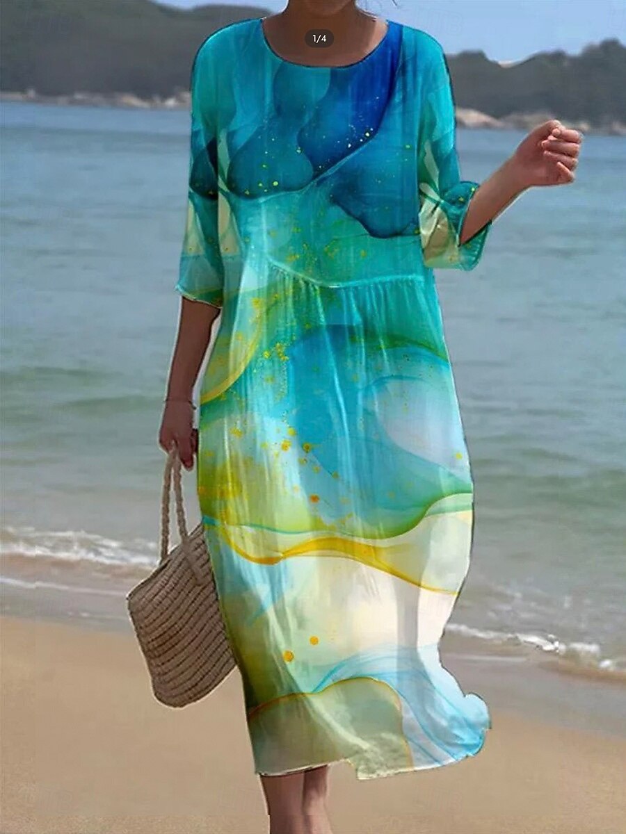 Női Maxi Ruha Kaftan 3/4 Hosszú Ujjú Környakú Lazac Átmeneti Ruha A vonalú Ruha Boho Mindennapi Ünnepi Randi Grafika Absztrakt Ég Kék Zöld Sötét Kék Páva Kék Tavasz 2025 - $41.99 –P3