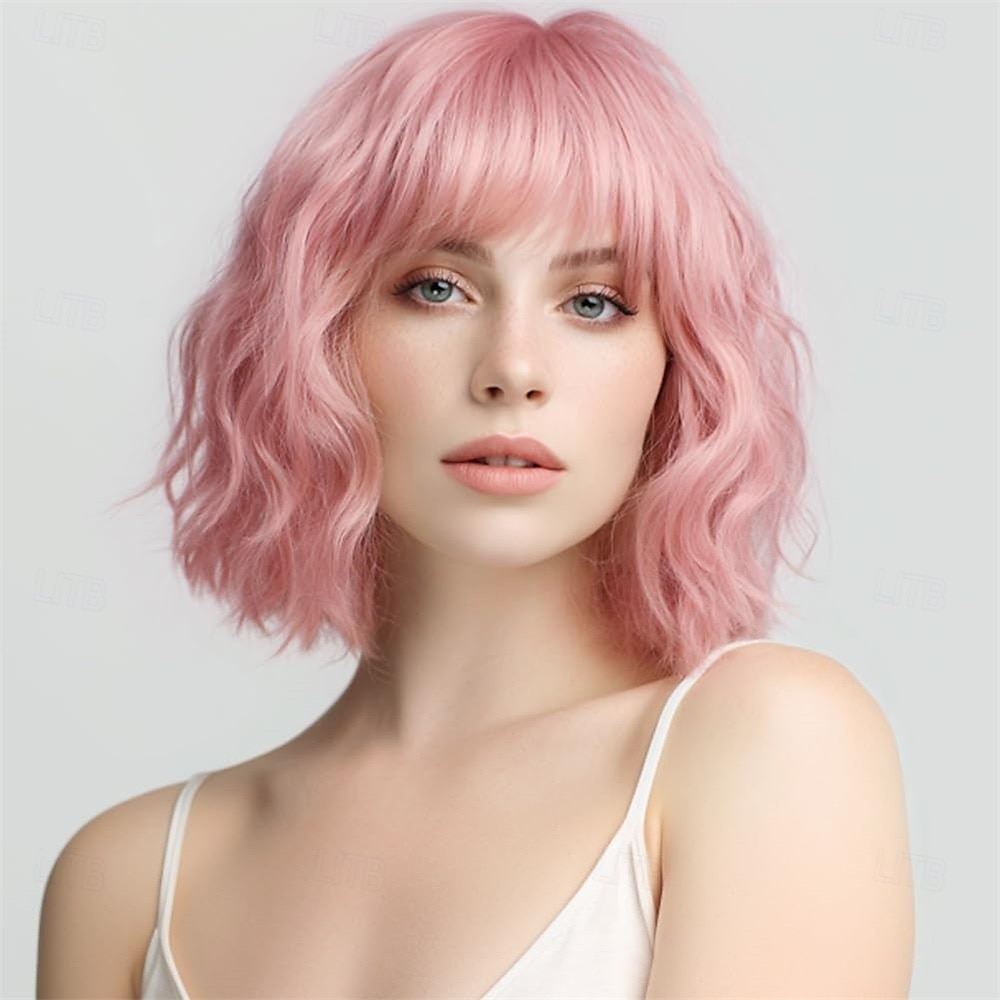 parrucche corte argentate per donne, parrucca bob ondulata grigia sfumata con frangia, capelli sintetici di media lunghezza, parrucca con radici scure e onde d'acqua, parrucche grigie colorate del 2025 a $23.99 –P6