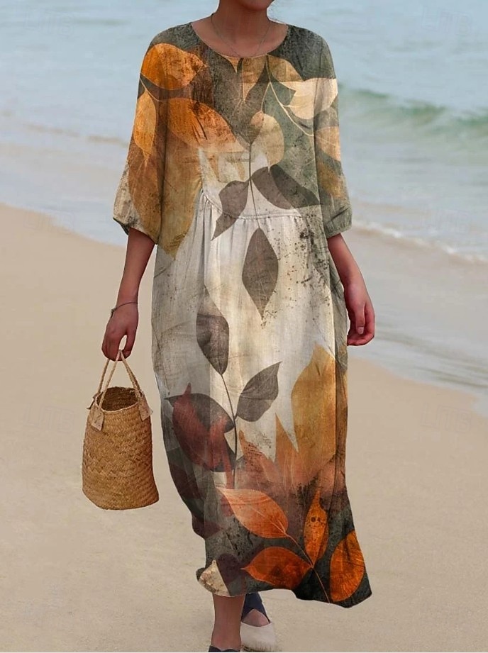 Kvinnors Maxiklänning Kaftan 3/4 Lång Ärme Crew Neck Avslappnad Shift Klänning A-linjeformat Klänning Klänning Boho Daglig Semester Dejtdress Blommig Grafisk Mörk Gul Ljus Rosa Gul Ljus Grön 2025 - $41.99 –P8