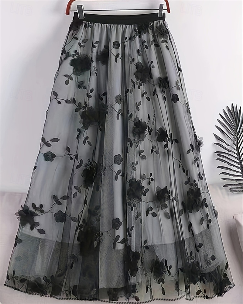 Damen Rock Schwingend Gazeröcke Mode Lässig Midi Mittlere Hüfthöhe Röcke Blumen Tüll Fließend Mikroelastisch Urlaub Straße Schwarz Weiß Rosa Grau Frühling Polyester 2025 - $25.99 –P13