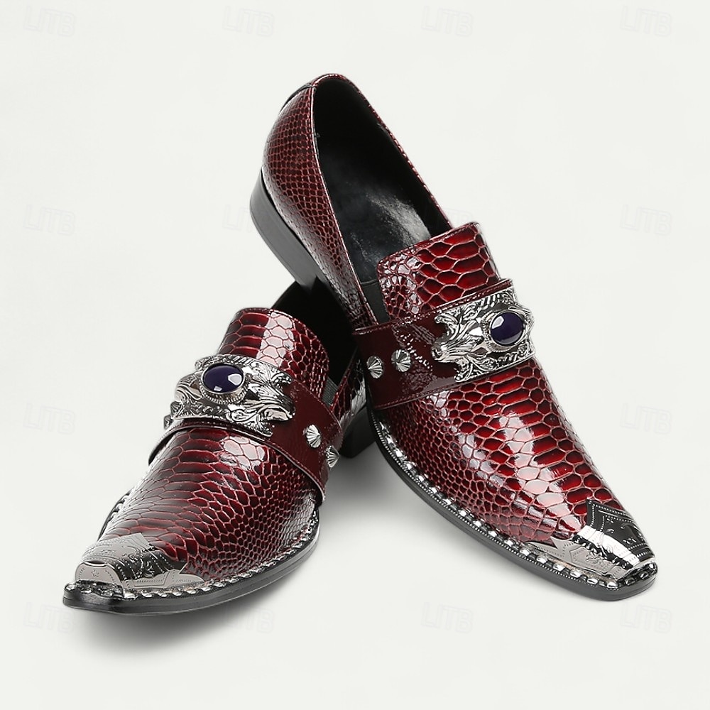 Mocassins en cuir à motif crocodile bordeaux pour hommes avec boucle en métal et détail de pierres précieuses, chaussures habillées de luxe pour mariages, fêtes et occasions formelles de 2025 ? $109.99 –P8