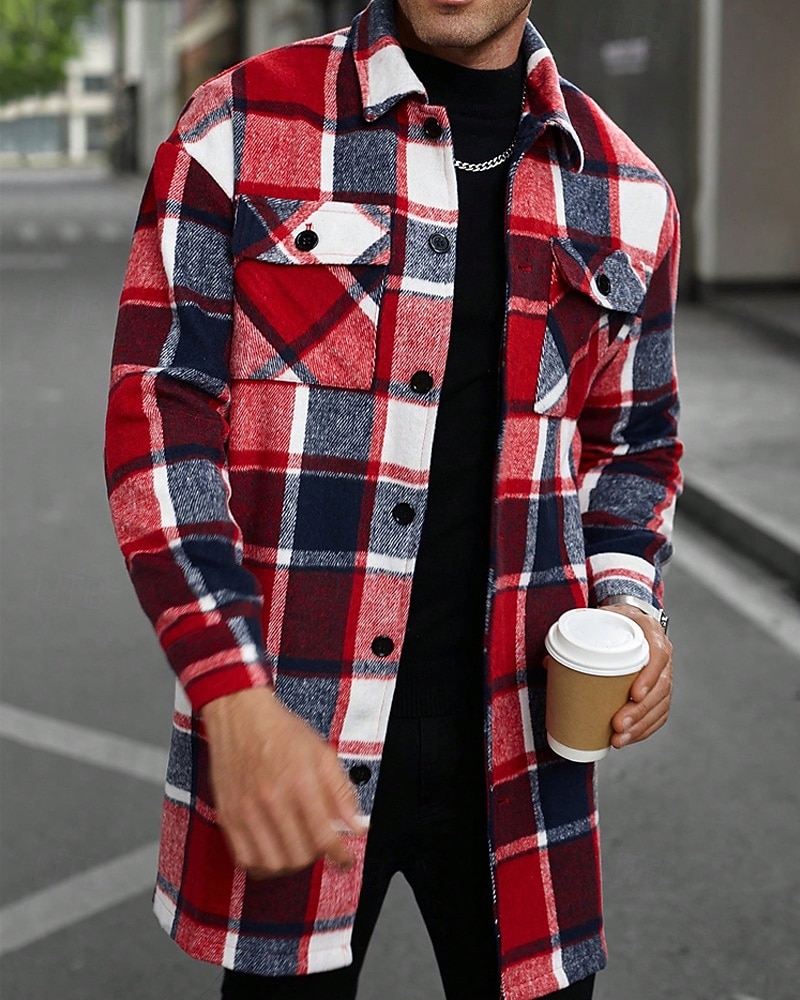 Herren Leichte Jacke Hemdjacke Freizeitjacke Jacke-Shirt Urlaub Täglich Thermowarm Tasche Frühling Herbst Karomuster Mode Klassisch Revers Regulär Schwarz Wein Orange Khaki Armeegrün Jacken 2025 - $42.99 –P5