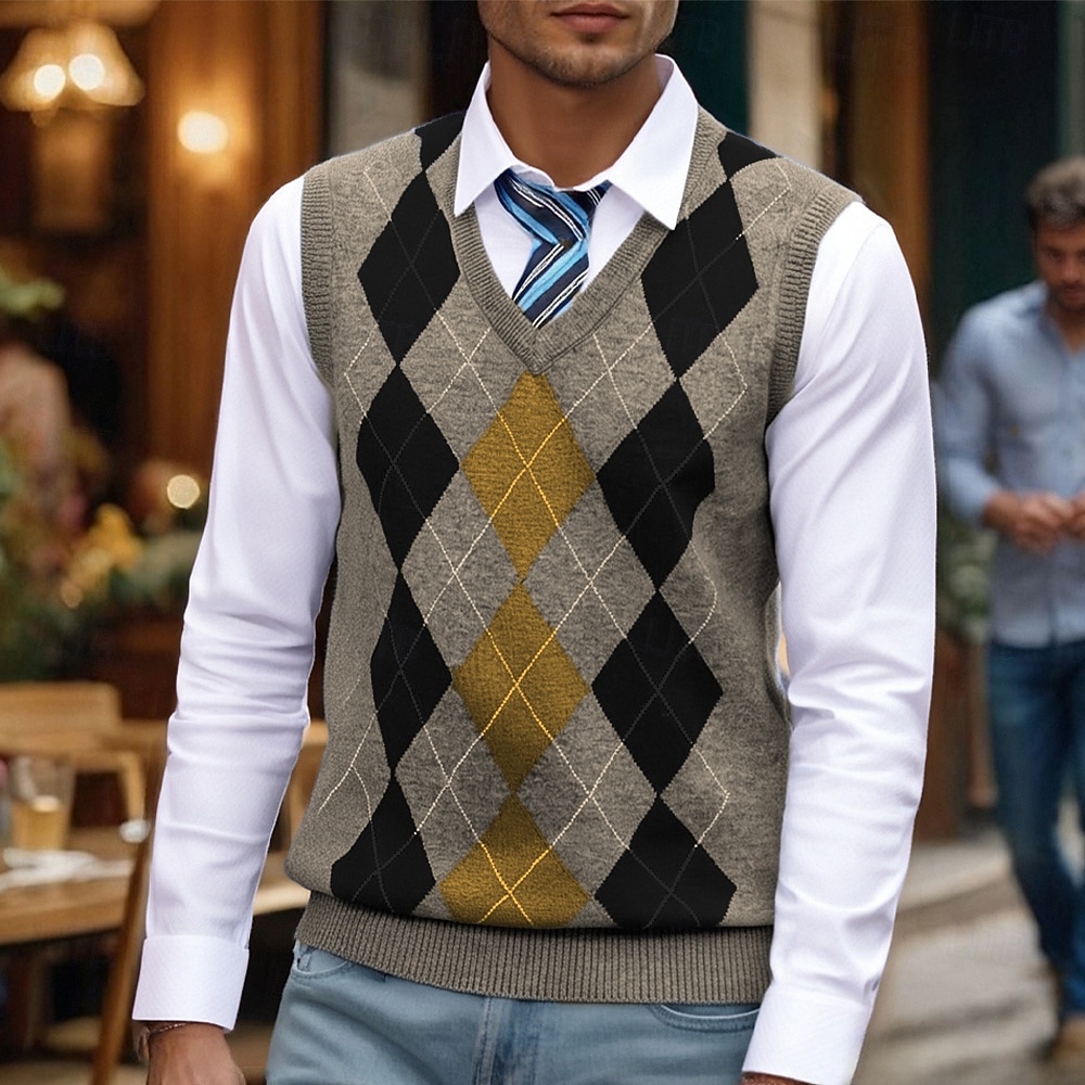 Homens Colete de moletom Vestido Suéter Pulôver suéter Colete Suéter de malha Estriado Tricotar Tops regulares Tricotado Decote V Roupa Diária Encontro Roupa Outono Inverno Camelo Preto S M L de 2026 por $33.99 –P4