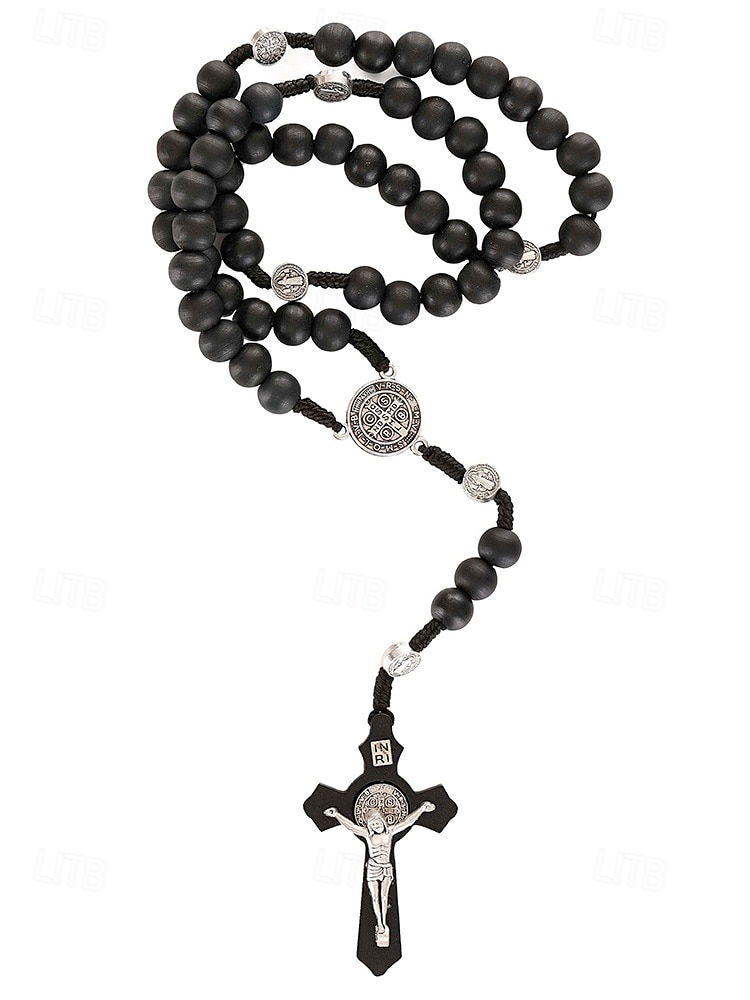 Rosario de madera para hombre con medalla de San Benito y crucifijo: cuentas de oración católicas para el culto religioso, la reflexión espiritual y la devoción diaria. 2025 - $7.99 –P13