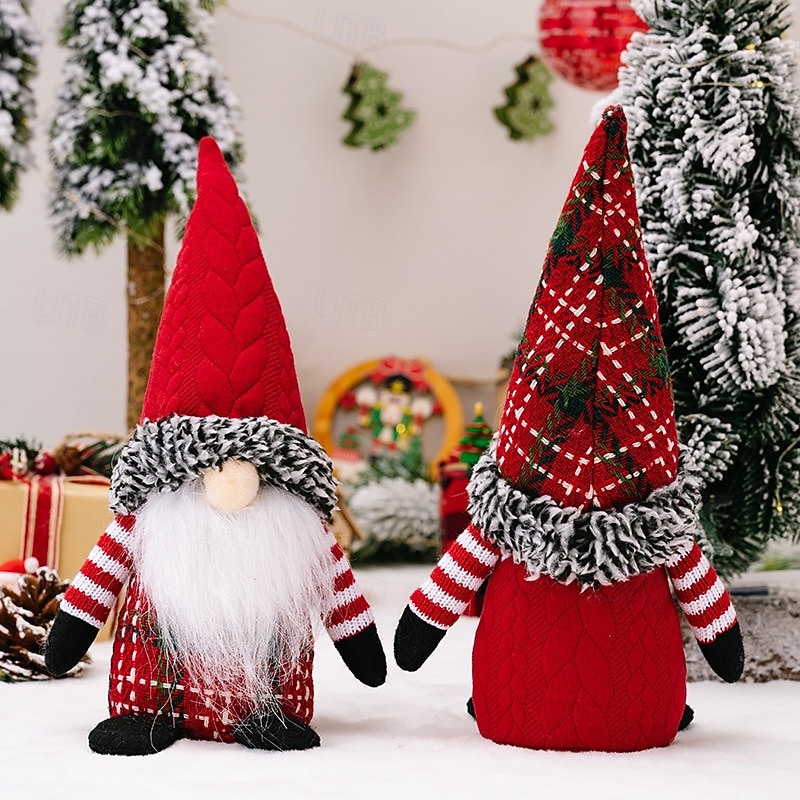 Julplyschtomtedekoration festlig julgransprydnadsset med rutig hatt ansiktslös tomtedocka skandinavisk dvärgfigur bordsdisplay juldekoration för hemmakontor presenter 2025 - $11.49 –P2