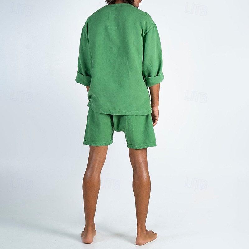 Homme Ensembles T-shirt Tenues 2 pièces Ensemble Short manche longue Col en V Été Printemps Uni Mode Occasionnel 2 pièces Poche Avant Vacances Tenue quotidienne Sortir Jaune Bleu Vert T-shirt haut de de 2025 ? $36.99 –P4