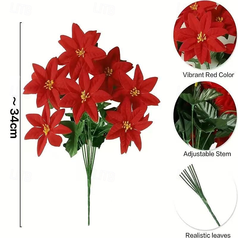 2 bunter julestjerne med 7 røde kunstige julestjerneblomster og grønne plastblader til hjemmedekor, spisebord, bryllup, juletre og utstilling året rundt 2025 - $13.49 –P5