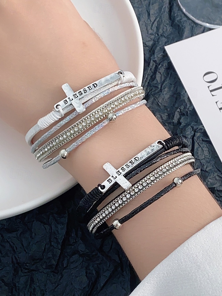 Dámský vícevrstvý náramek s křížkem a kamínky – inspirativní „požehnaný“ náramek z umělé kůže pro běžné nošení, do kostela i na zvláštní příležitosti 2026 - $9.99 –P4