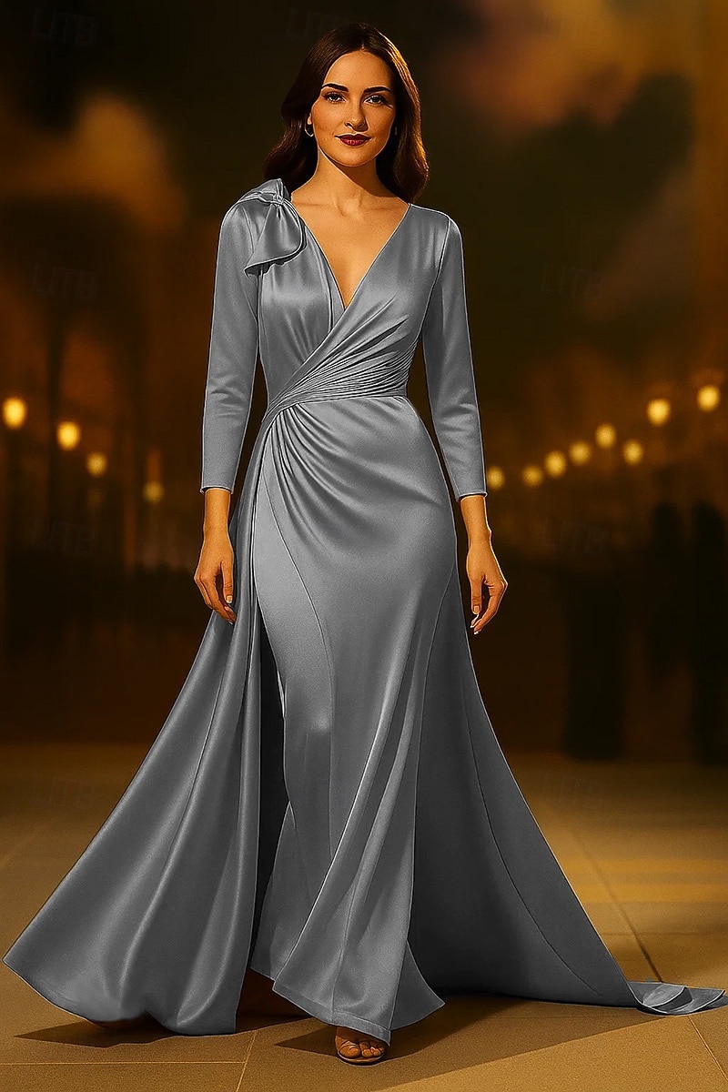 Robe de soirée trapèze dorée élégante, robe de mariée formelle, traîne courte, manches 3/4, col en V, satin avec nœud(s) froncé(s), 2025 de 2025 ? $155.99 –P4