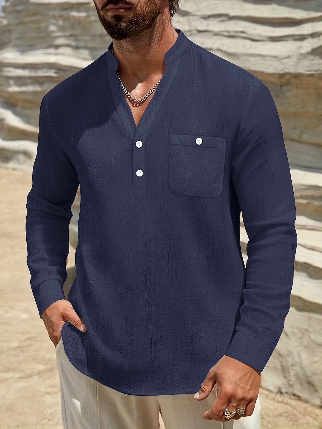 Herren Hemd Leinenhemd Wikinger-Stil Sommerhemd Strandbekleidung Einfarbig Urlaub Straße Schwarz Weiß Marineblau Blau Langarm Henley Sommer Frühling Bekleidung Tasche 2026 - $22.99 –P11