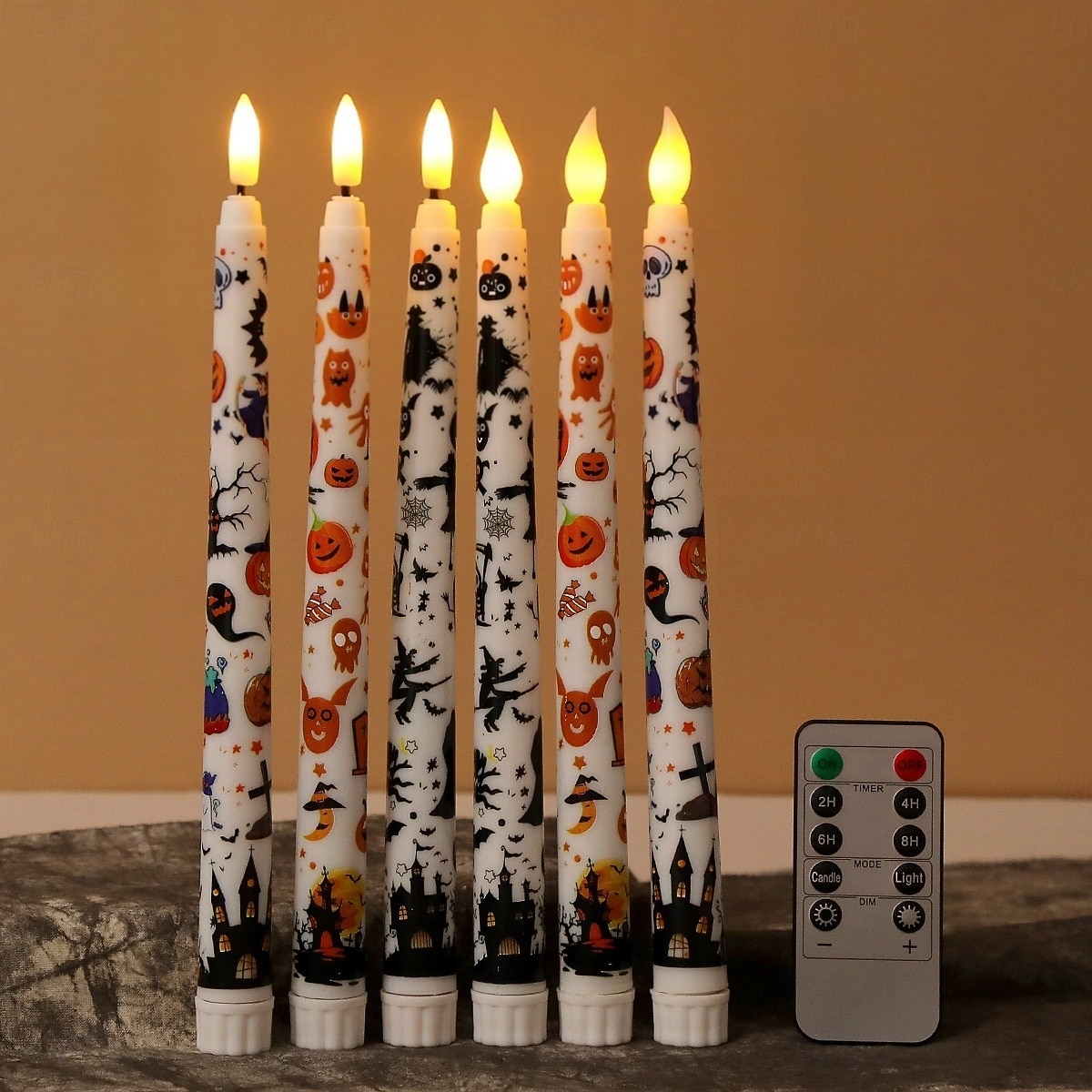 Candele a LED senza fiamma con motivo colorato di Halloween, candelieri a batteria con telecomando a 11 tasti e timer, luci a fiamma tremolante 3D per cene, decorazioni per interni, regali (6 pezzi del 2025 a $22.99 –P12