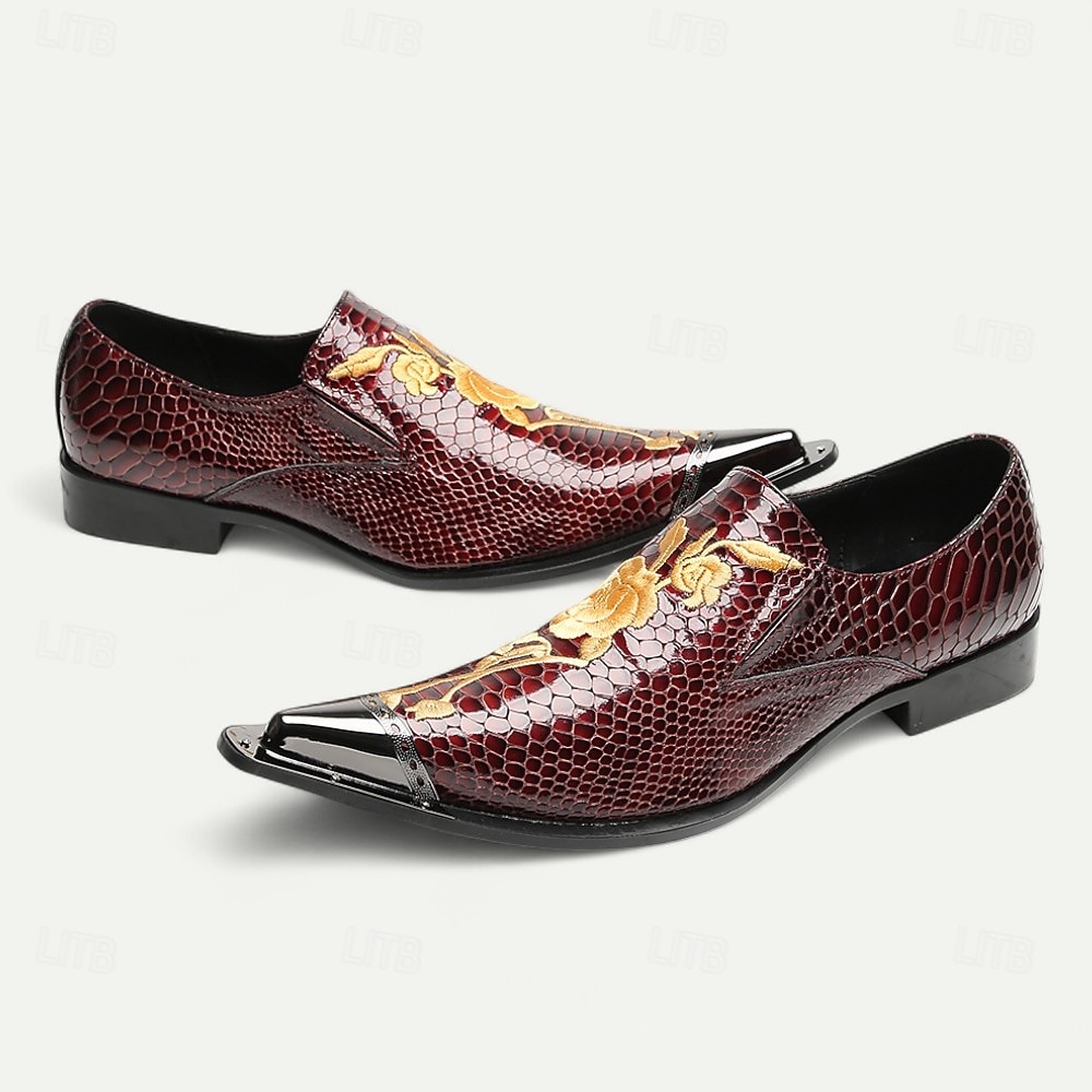 Men's Burgundy Crocodile Pattern Leather Dress Shoes, Luxury Pointed Toe Loafers with Floral Embroidery for Weddings, Parties and Formal Occasions 2026 - AU $159.99 –P7