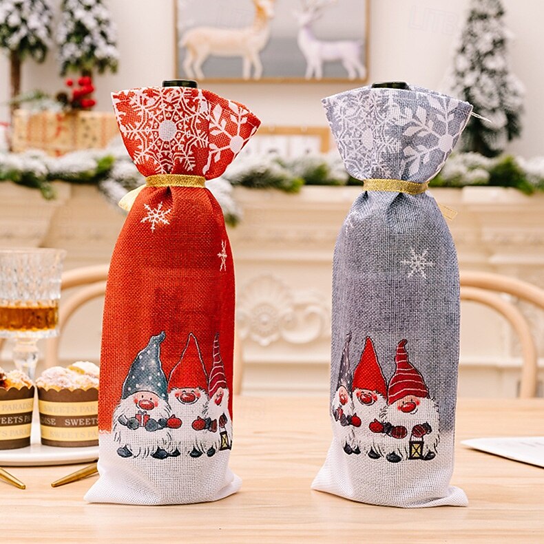 2 ks vánočních krytů na lahve vína s trpaslíky, sáčky na lahve vína s motivem sněhové vločky s motivem Rudolfa a lesního bezu, sváteční obaly na lahve vína 2025 - $6.49 –P7