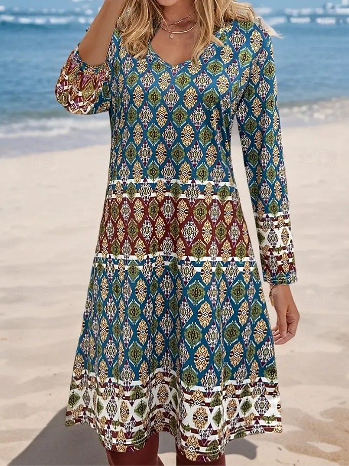 Pentru femei Rochie Mini Rochie casual Rochie de Vară Rochie A line Boemia Epocă Stilat Plajă Fit regulat Grafic Geometric Abstract Manșon Lung În V Trifoi Vară Primăvară Toamnă 2025 - $26.99 –P1