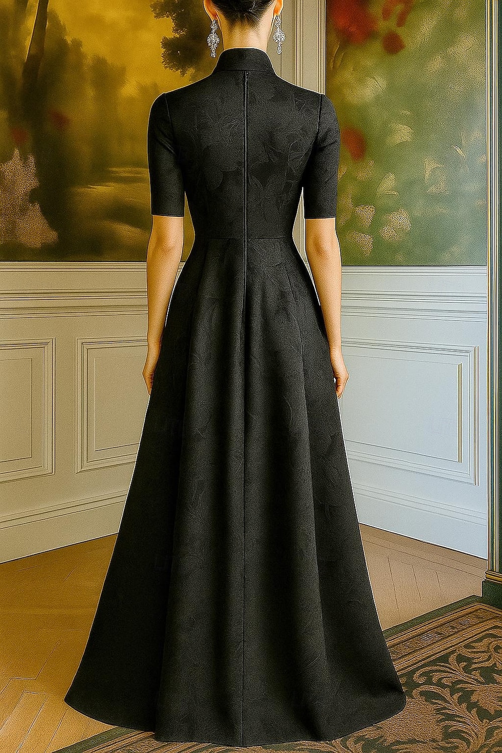 abito da sera elegante in broccato jacquard con cravatta nera, abito formale da sposa, lunghezza al pavimento, manica a 3/4, scollo a V, tasca in nylon con fiocco/i, spalline 2025 del 2025 a $142.99 –P2