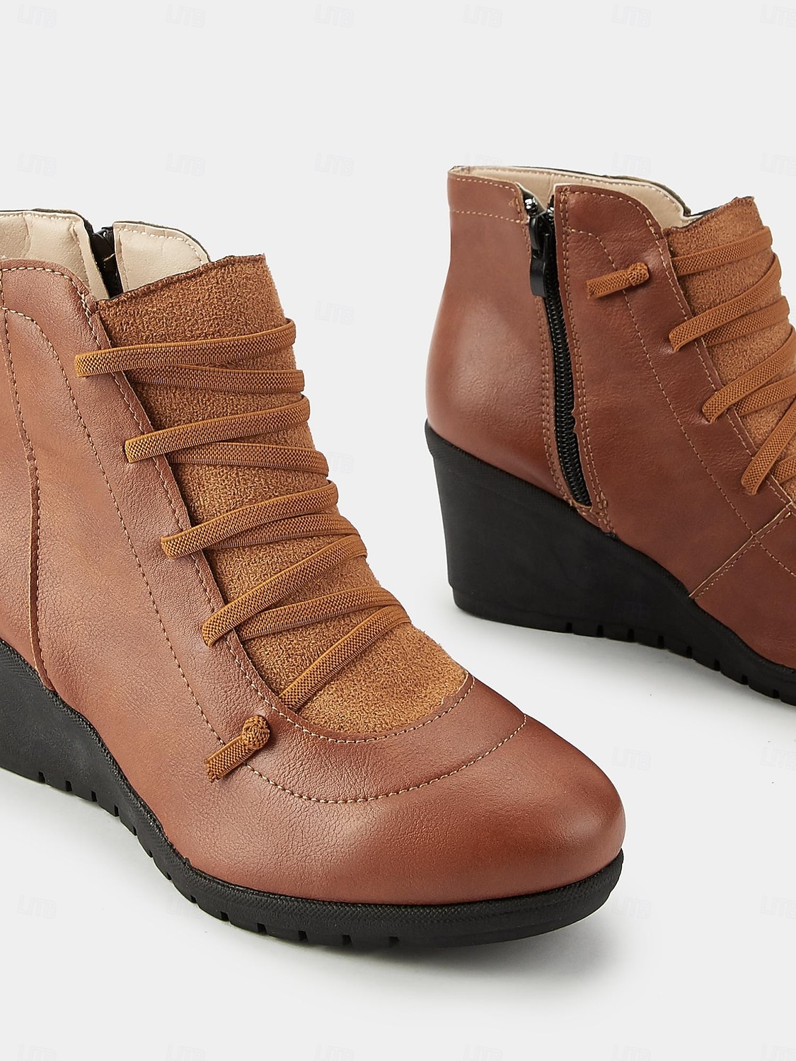 Bottines compensées en similicuir marron pour femme avec fermeture éclair latérale – bottines à lacets décontractées et confortables pour le travail, le shopping et les voyages de 2025 ? $32.99 –P2