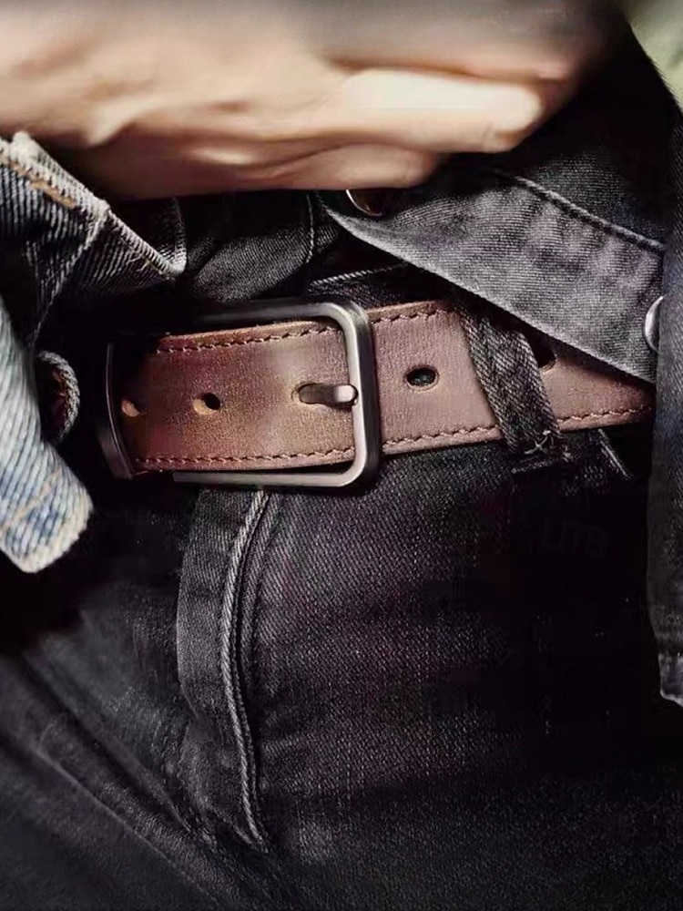 Мужской ремень из натуральной коровьей кожи – винтажный коричневый ремешок с пряжкой из матового сплава, регулируемый для джинсов, работы, деловой и повседневной одежды 2026 - $29.99 –P1