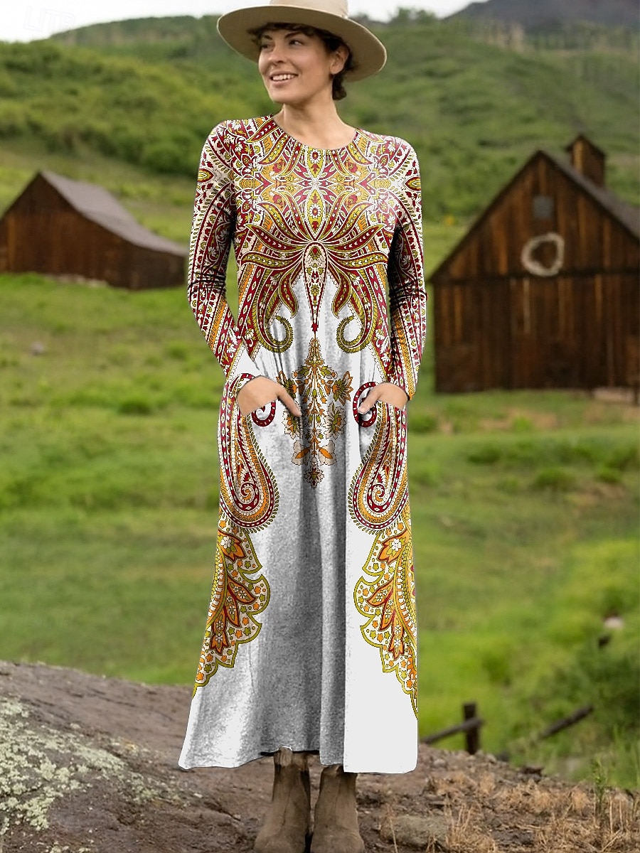 Damen Maxikleid Etui-Kleid T-Shirt-Kleid Urlaub Lässig Boho Ferien Date Normale Passform Grafik Geometrisch Stammes Langarm Rundhalsausschnitt Schwarz Gelb Rote Leicht Braun Frühling Herbst 2025 - $31.99 –P2
