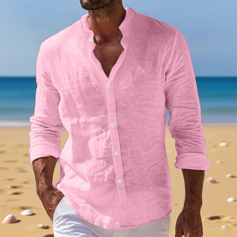 Herren Hemd Leinenhemd Sommerhemd Strandbekleidung Knopfhemd Einfach Urlaub Täglich Schwarz Weiß Rosa Blau Langarm Stehkragen Sommer Frühling & Sommer Bekleidung 2025 - $23.99 –P8