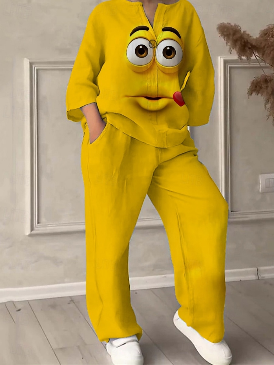 Жен. Активный Мода Комплекты брюк Длинный рукав V-образный вырез Графика С принтом Отпуск Повседневные Праздники Черный Желтый Розовый Лето Стандартный 2025 - $42.99 –P5