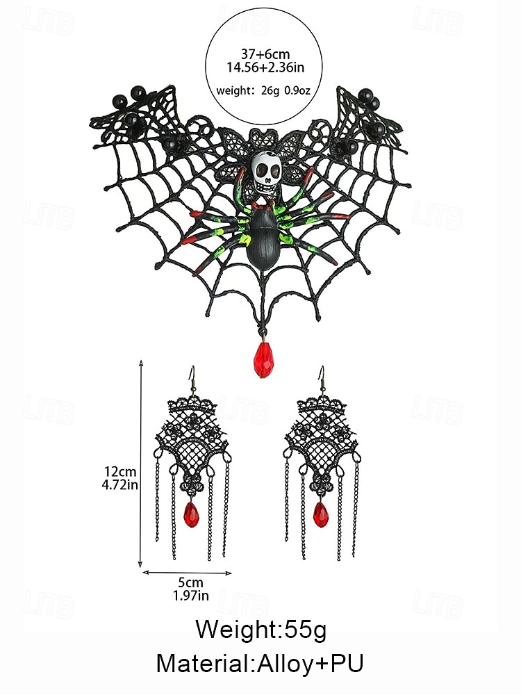 2025年 女性用ハロウィン スパイダー＆スカルネックレス＆イヤリングセット - 赤い宝石が付いた黒いレースのウェブデザイン。ハロウィンパーティーやコスチュームに最適です。  コレクション – $14.99 –P4