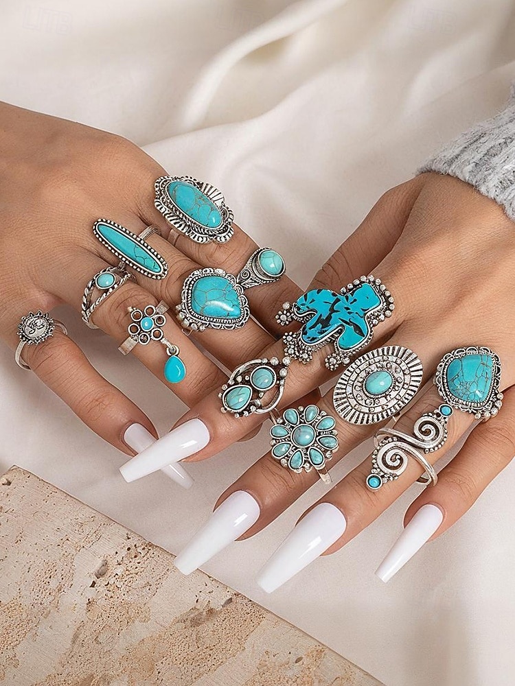 Women's Turquoise Ring Set - Multi-Piece Set of Vintage Bohemian Alloy Jewelry for Women's Holidays, Beach Vacations and Everyday Wear 2025 - $8.39 –P1