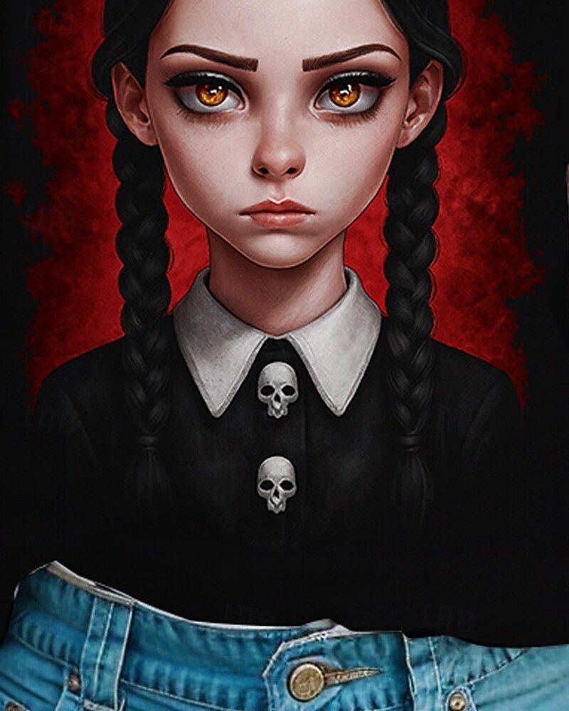 Koszulka z gotycką grafiką Wednesday Addams, słodka, letnia, oddychająca, modna koszulka na Halloween dla dziewczynek 2025 - $11.99 –P3